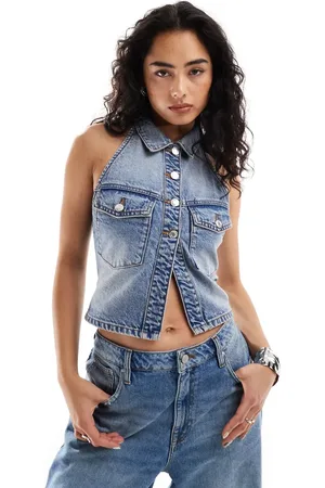 Bershka Denim gilet met halternek met vintage wassing in