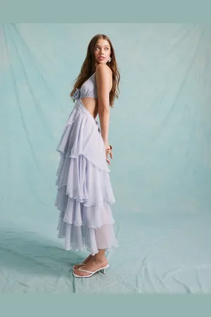 Miss Selfridge Gelegenheidskleding - Gelaagde maxi-jurk van chiffon met corsage in blauw