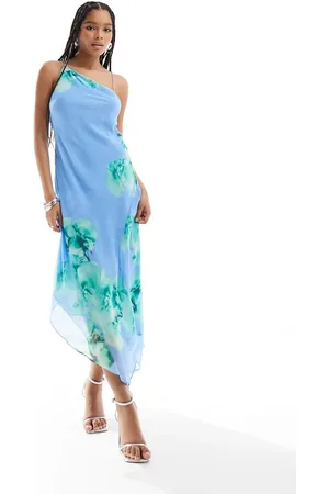 MANGO Midi jurk met asymmetrische zoom en bloemenprint in lichtblauw