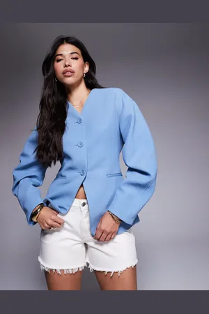 River Island Getailleerde blazer met pofmouwen in lichtblauw