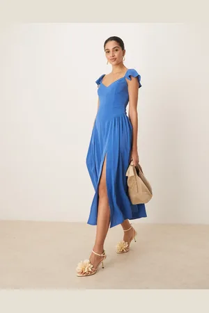 Abercrombie & Fitch Maxi jurk met fladdermouwen en verlaagde taille in blauw