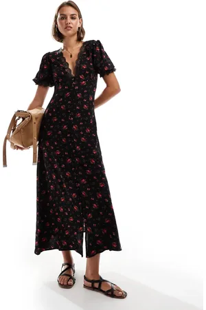 Miss Selfridge Maxi jurk met kanten rand, knoopsluiting en rozenprint