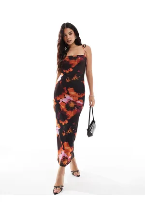 Miss Selfridge Maxi jurk van mesh met gestrikte schouderbandjes en bloemenprint