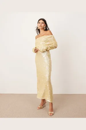ASOS Gebreide bardot maxi-jurk met pailletten in crème