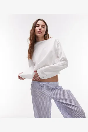 MANGO Set van katoenen top met lange mouwen en seersucker pyjamabroek in wit & blauwe streep