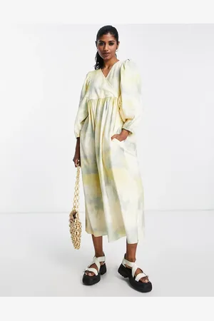 EDITED the label Aangerimpelde jurk met overslag en ballonmouwen van katoen in gele tie dye