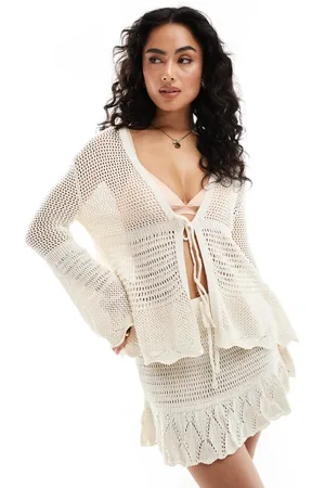 Pull&Bear Gebreide gehaakte top met lange mouwen in ecru, deel van co-ord set