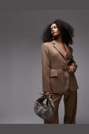 MANGO Blazer met wol en ceintuur in lichtbruin, deel van co-ord set