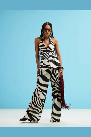 MANGO Broek van linnenmix met wijde pijpen en zebramotief in wit, deel van co-ord set