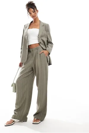 VERO MODA Broek van linnenmix met plooien aan de voorkant in kaki met strepen, deel van co-ord set