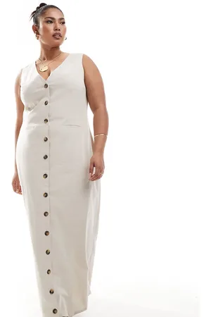 ASOS ASOS DESIGN Curve - Midi giletjurk van linnenmix met knoopsluiting in beige