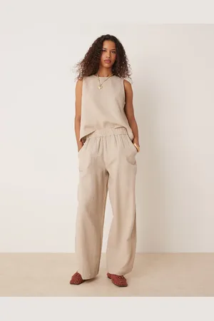 VILA Broek van kreukelstof met wijde pijpen in beige, deel van co-ord set