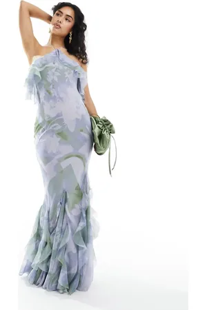 ASOS Lange halterjurk met ruches en zachte bloemenprint