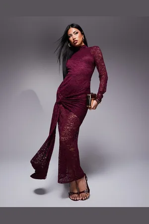 ASOS Midi-jurk van kant met lange mouwen en open rug met striksluiting in bordeauxrood