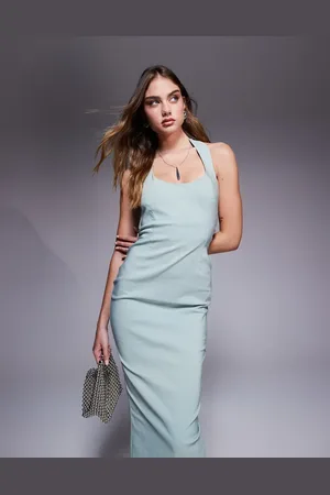 Vesper Midaxi bodycon jurk van bengaline met lage ronde hals en halternek in saliegroen