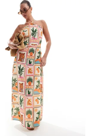 VERO MODA Lange halterjurk in tropische ansichtkaartenprint