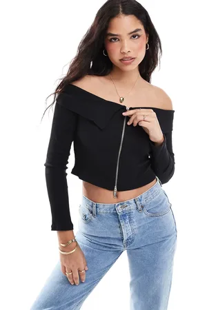 Pieces® Top met blote schouders, rits en lange mouwen in