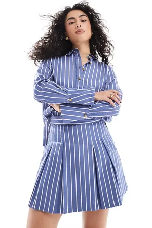 French Connection Alexis - Gestreepte geplooide mini rok van katoen in marineblauw en wit, deel van co-ord set