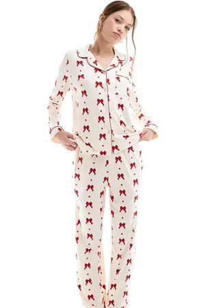 Chelsea Peers Exclusive - Pyjamasset van polyester met rode strikjes in crème