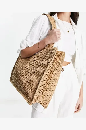 South Beach Strand-tote van geweven stro met schouderband in beige