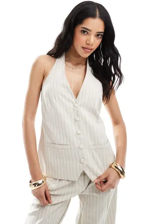 4th & Reckless Gestreepte gilet van linnenmix met halternek en gestrikte achterkant in beige, deel van co-ord set