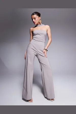 Vesper Bandeau-jumpsuit van bengaline met chokerdetail in taupe