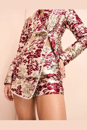 ASOS Short van jacquard met versieringen met parels in bordeauxrood met goudkleurige bloemenprint