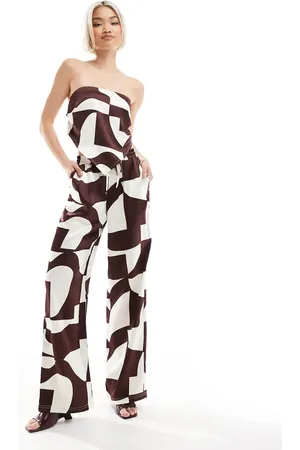 4th & Reckless Broek van satijn met wijde pijpen en geometrische print in bruin, deel van co-ord set
