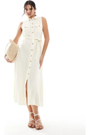 MANGO Linnen midi jurk met gestrikte voorkant in lichtbeige