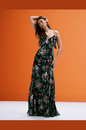 MANGO Maxi jurk van chiffon met ruches in diepe bloemenprint