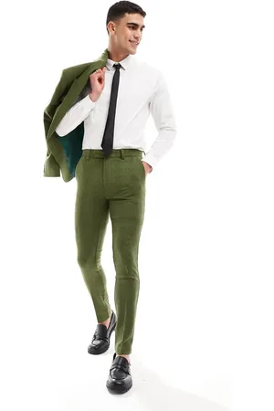 ASOS Wedding - Skinny pantalon met visgraatmotief in kaki