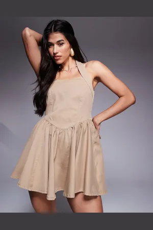 ASOS Denim mini jurk met halternek in naturel