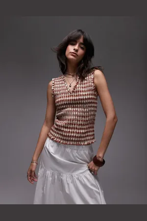 Topshop Mouwloze top met V-hals in roestkleurige gingham-ruit
