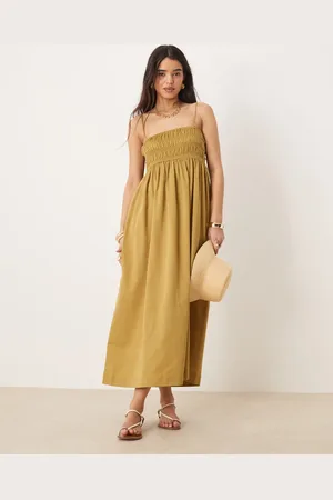 ASOS Maxi-jurk van katoen satinet met gesmokte buste in geelgroen