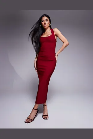 Vesper Midaxi bodycon jurk van bengaline met lage ronde hals en halternek in bordeauxrood