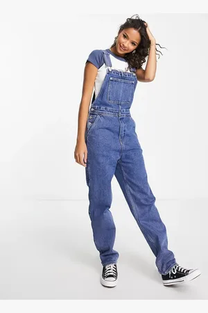 Monki Ruimvallende denim tuinbroek met contrasterende detail in lichte wassing