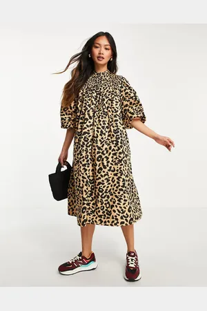 SELECTED Femme - Geplooide midi-jurk met volumemouw in luipaard