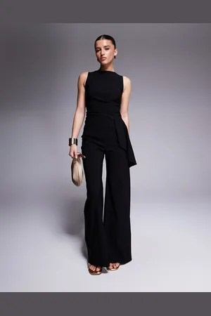Vesper Jumpsuit van bengaline met gedrapeerde zijkant en wijde pijpen in