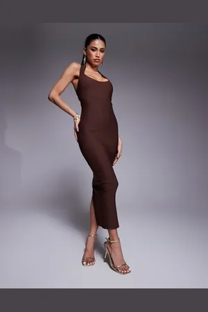 Vesper Midaxi bodycon jurk van bengaline met lage ronde hals en halternek in chocoladebruin
