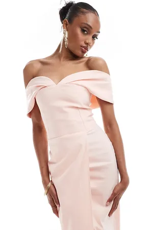 Vesper Tall - Midaxi bardot-jurk van bengaline met hartvormige halslijn en overslag in babyroze