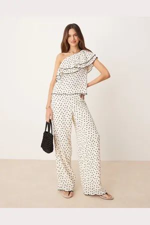 Y.A.S Broek met wijde pijpen in crème met zwarte stippen, deel van co-ord set