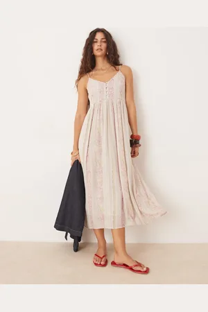 Y.A.S Festival - Midi cami-jurk met knoopjes aan de voorkant in crème met strepen- en bloemenprints
