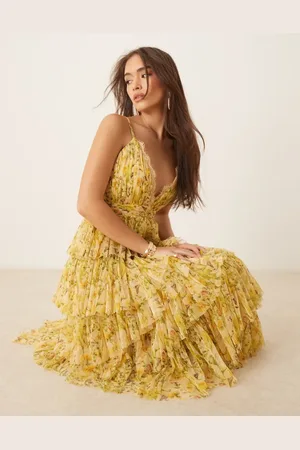 Lace & Beads Plus - Maxi-jurk met stroken en ruches in lichtgele bloemenprint