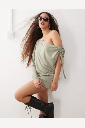 Monki Gedrapeerde mini jurk met lange mouwen in kaki