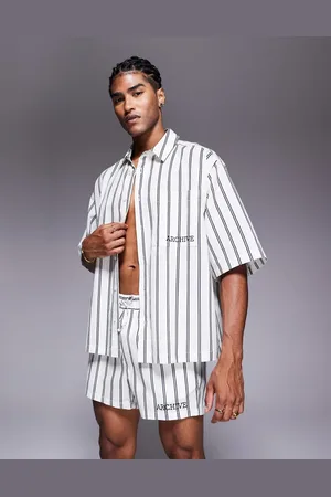 ASOS Recht oversized gestreept overhemd met borduursel op de borst in stone, deel van co-ord set
