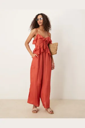 ASOS Jumpsuit met ruches en geribde rug in oranje