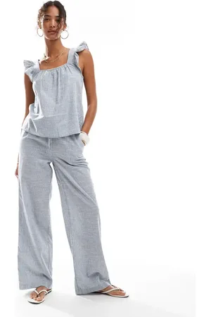 Pieces® Mix en match broek met wijde pijpen en gestrikte taille in blauwe strepen