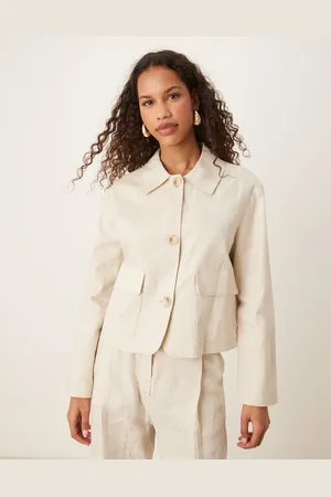 MANGO Linnen jasje met knopen in stone, deel van co-ord set