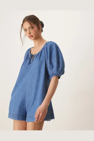 ASOS Zachte denim playsuit met ballonmouwen in mid wash
