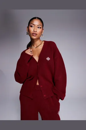 The Couture Club Gebreid pluizig oversized vest in bordeauxrood, deel van co-ord set